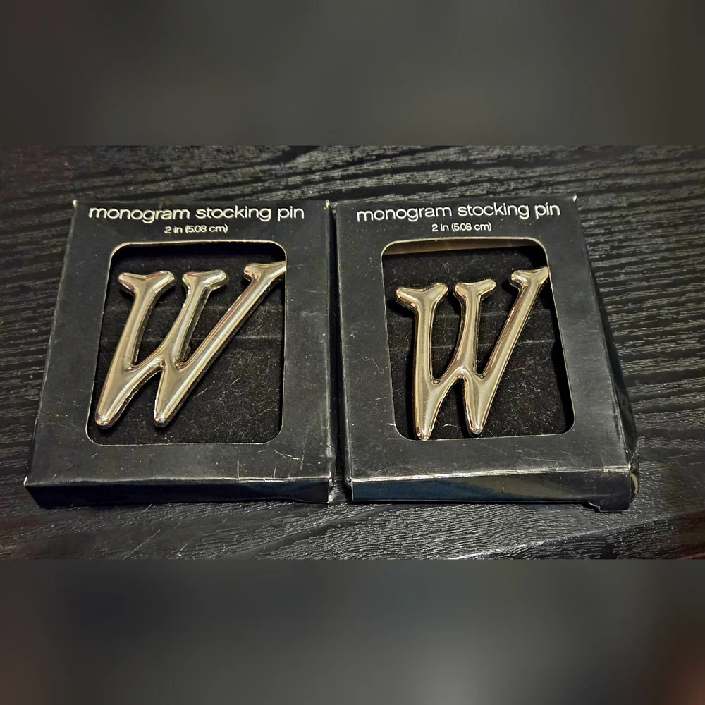 Set of 2, 2007 Letter Initial W Silver Monogram Stocking Pin Christmas